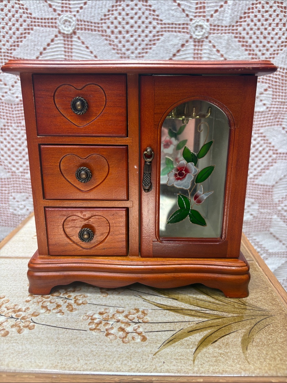 Wooden Jewelry Box with Heart Drawers & Floral Glass Door